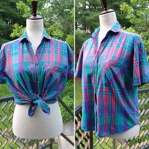 Vintage Cotton Plaid Button Up, Small, Pink Purple Turquoise Green Yellow